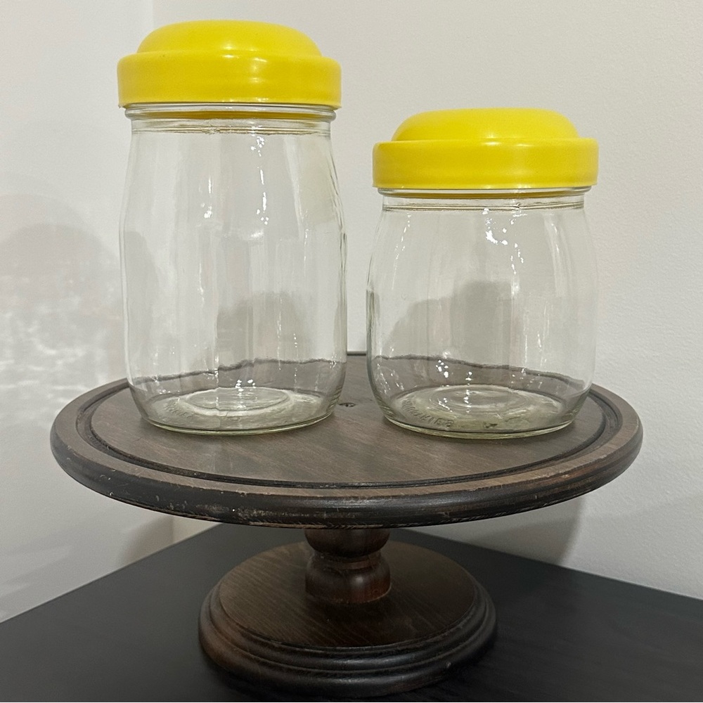 Vintage Action Industries Glass Canisters - Set of 2 - Yellow Lids - USA